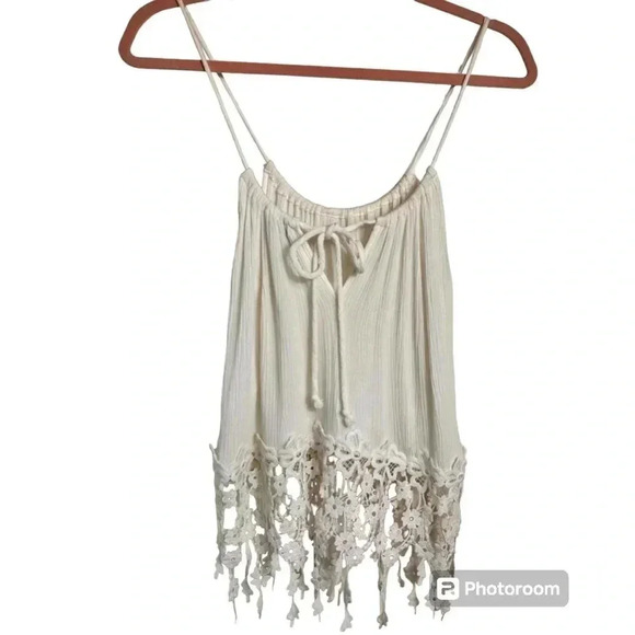 Cream gauzy camisole top, Small, spaghetti straps, lace hem, Festival, Party - Picture 6 of 9
